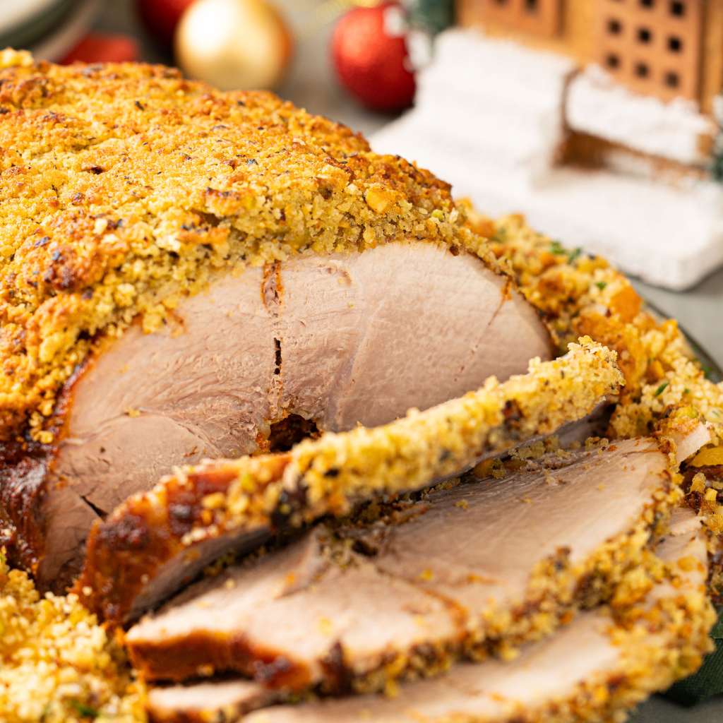 Pernil em Crosta de Pistache com Couscous, legumes e cogumelos